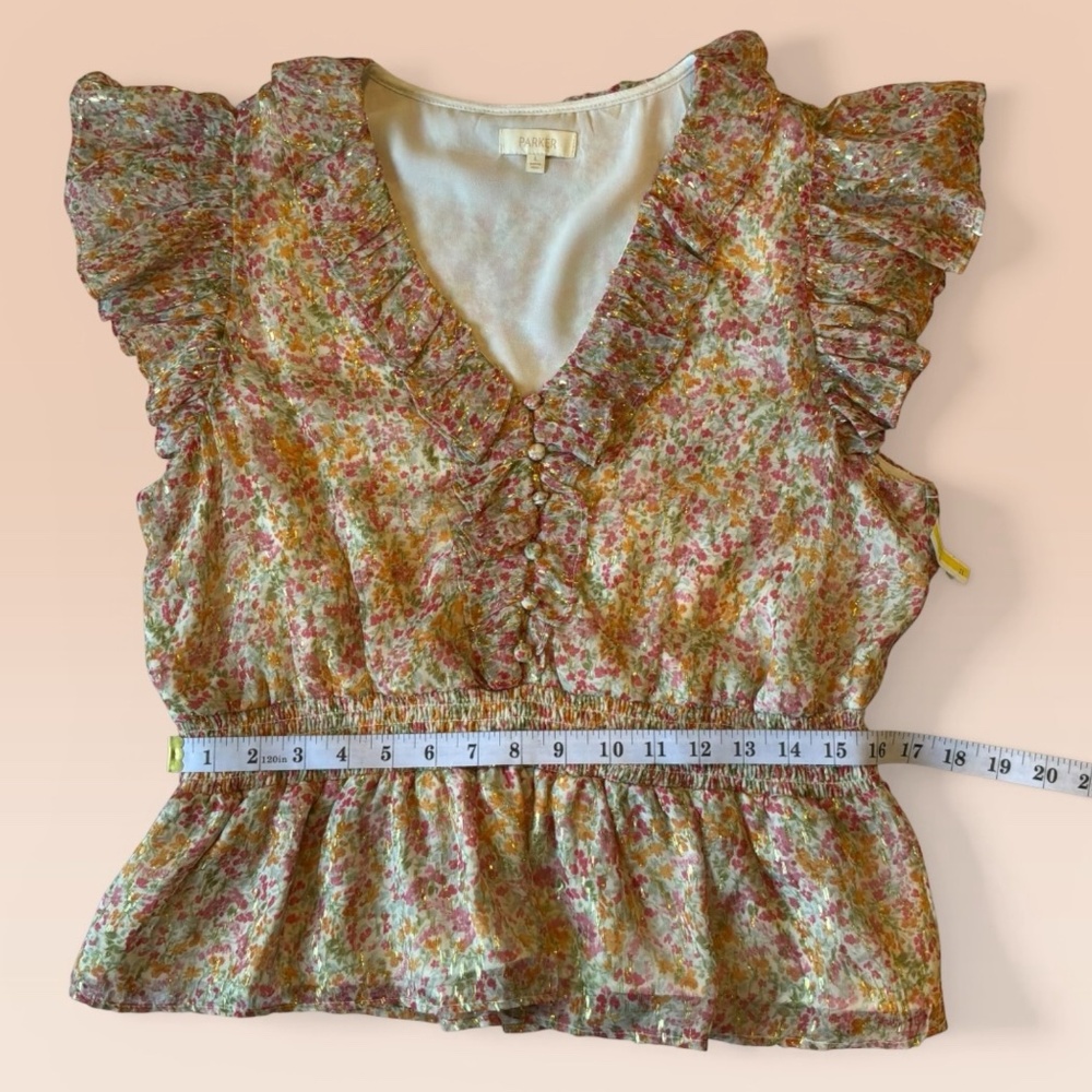 New Parker Top Multicolor Floral Ruffle Blouse with Metallic Threads - Picture 6 of 11